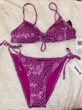 Hurley Magenta Paisley Tie-Front Bikini Set